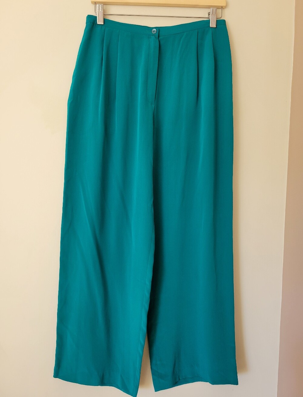 Vintage Women's Silk Wide Leg Palazzo Pleated Front Trouser Pants Teal Medium